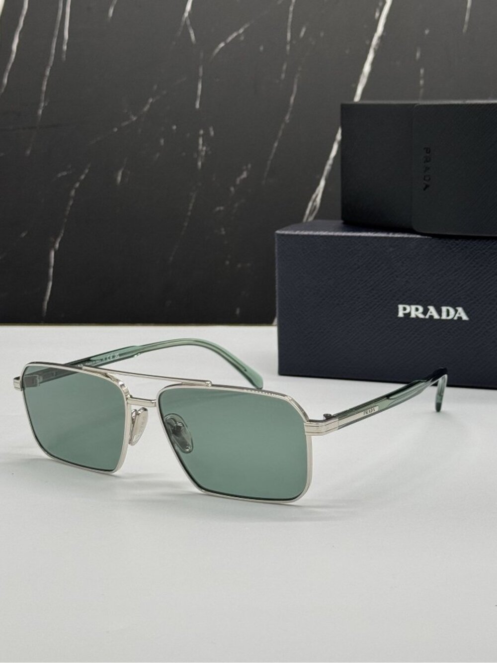 Prada PRA57S 1BC10G Unisex Square Silver Green Sunglasses Authentic NEW